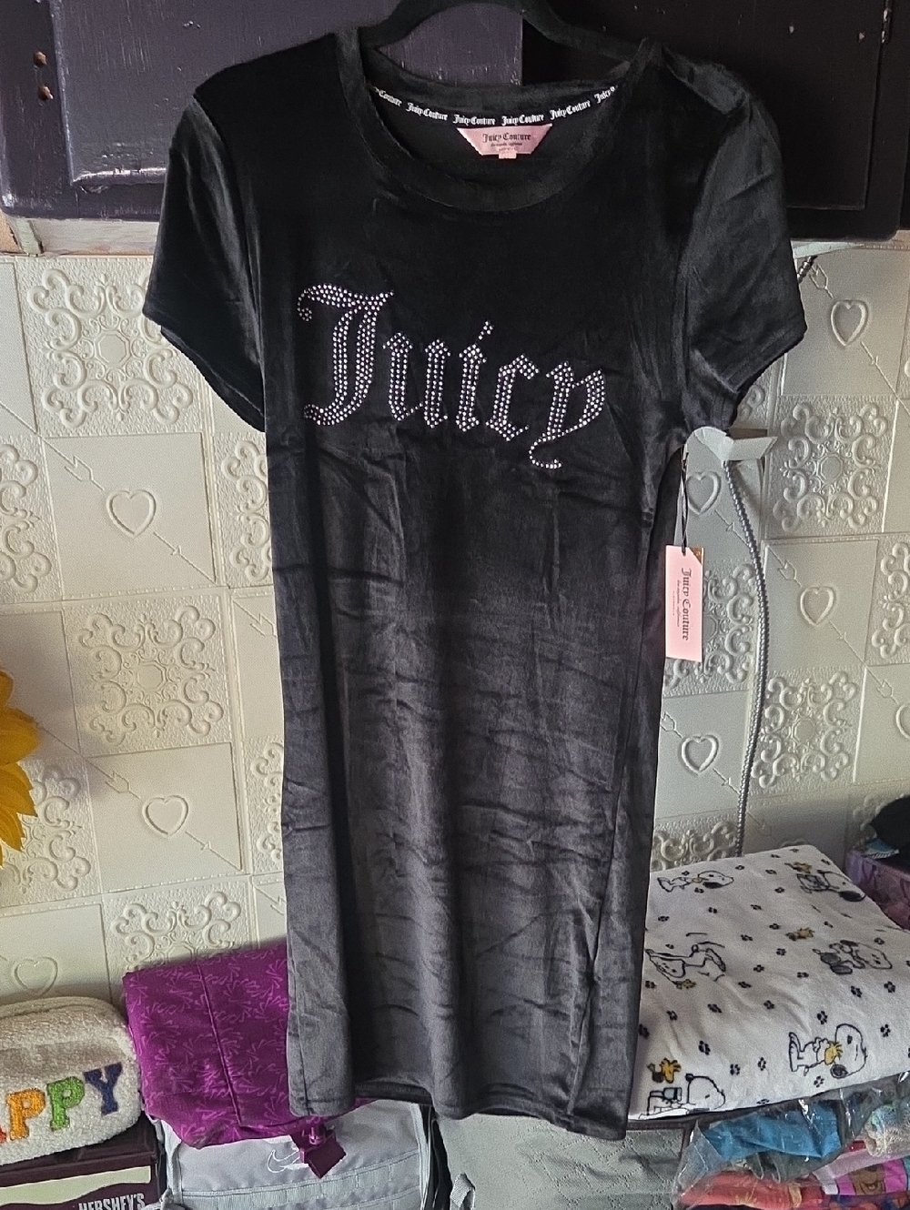 Juicy Couture Black Velour Rhinestone Logo T-Shirt Dress